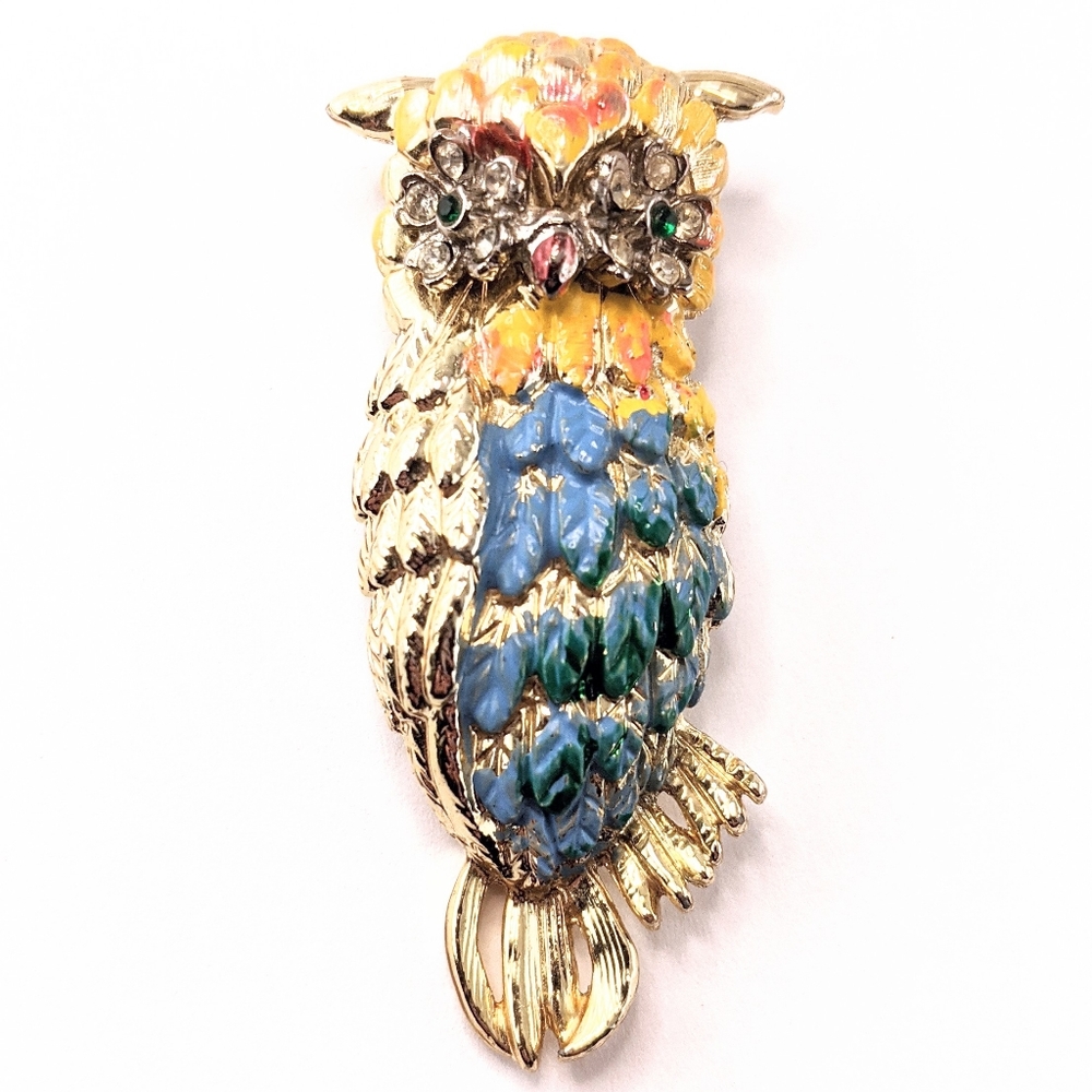 Vintage 1960s 1970s Enameled Goldtone Owl Brooch